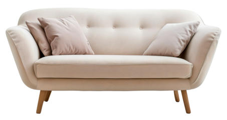 Sofa displayed on transparent background features slim arms and a modern design. Soft cushions add comfort and style to any living space. Ideal for apartment decor