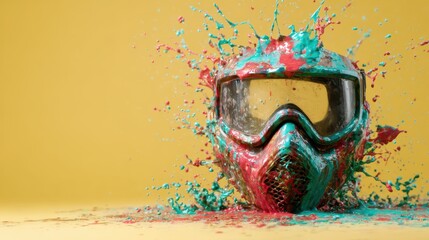 A vibrant paintball mask surrounded by splashes of blue and red paint against a bright yellow background, embodying action and excitement.