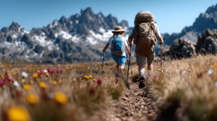 Two adventurous hikers trekking on a scenic mountain trail, surrounded by wildflowers and majestic peaks, capturing the thrill of exploration and connection to nature's beauty.