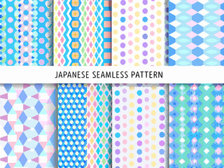 Colorful japanese seamless patterns with various geometric shapes and pastel tones