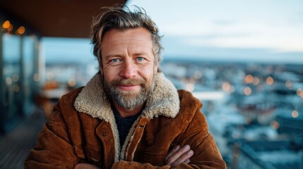 A confident man with a beard smiles against a stunning city skyline background, capturing a sense of adventure and achievement in an urban setting.