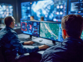 Two professionals monitoring complex digital maps and data analytics on multiple screens in a high-tech control center environment at night