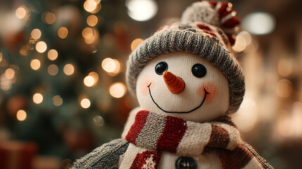 Smiling Snowman Soft Toy with Red Striped Scarf and Festive Christmas Background