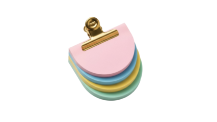 Isolated stack of colorful sticky notes with gold clip, office organization and supplies