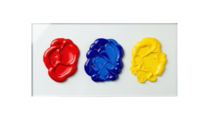 Isolated primary color paint swatches, blobs of red, blue, and yellow oil paint on glass surface