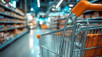Shopping cart with orange handles in a brightly lit modern supermarket aisle filled with various products on shelves on both sides of the walkway