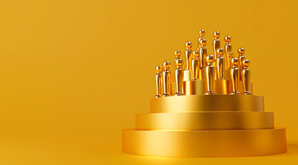 Golden figures on tiered podium symbolizing business success achievement recognition