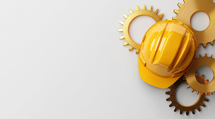 Yellow safety hard hat golden gears white background engineering construction concept