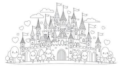 Cartoon castle with flags, towers, hearts, smiling trees outline drawing