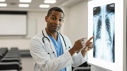 A male African American doctor in a white coat analyzes an X-ray in a medical training room with empty chairs, focusing on patient care and radiology education. - Powered by Adobe