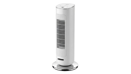 Isolated white sleek tower fan stands upright to provide refreshing airflow in home office