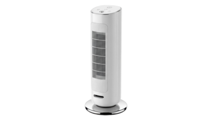 Isolated white sleek tower fan stands upright to provide refreshing airflow in home office