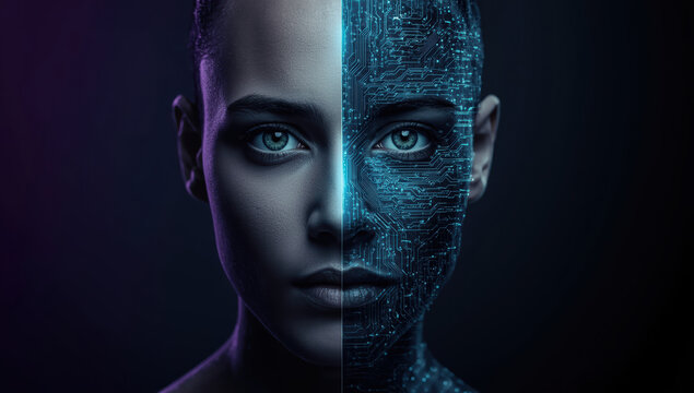 Futuristic female portrait half human half circuit board, moody neon lighting, confident gaze