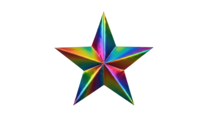 Isolated five-pointed star shape with iridescent, rainbow colors and a metallic sheen effect