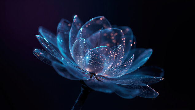 Glass lotus flower glowing with blue digital lights and delicate bokeh