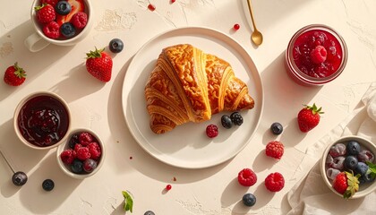Top view of a breakfast with croissants, jam, and berries
