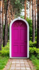 Fototapeta premium Mysterious Pink Door in Enchanted Forest Path Leading to Unknown Destination.