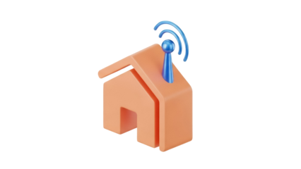 Isolated peach-colored house icon with blue antenna signals for network, internet connection