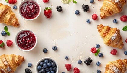 Breakfast flat lay with croissants, fresh berries and jam on white background