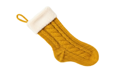 Isolated knitted Christmas stocking with fluffy cuff, holiday decoration with loop for hanging