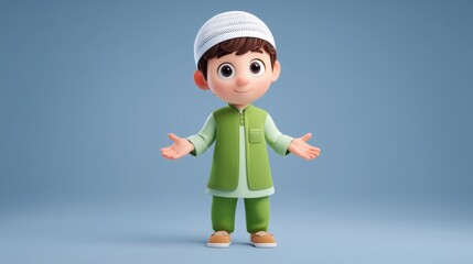 Muslim boy in green attire welcoming with open hands