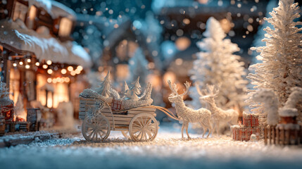 Obraz premium Magical Christmas display of white reindeer pulling a sleigh through a snowy winter wonderland