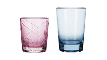 Isolated pair of glasses on a seamless surface, a pink patterned tumbler and a blue highball glass