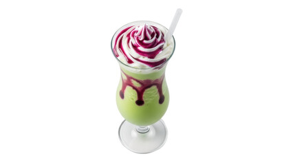 Isolated glass of green matcha smoothie with whipped cream topping and berry drizzle drink
