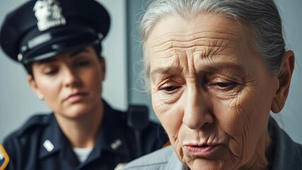 A compassionate policewoman speaking with an elderly white woman in a police station, providing support and assistance in a moment of vulnerability and concern