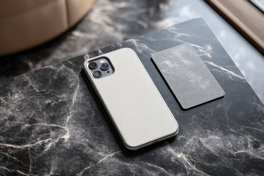 Modern smartphone with camera bump and blank card on dark marble surface for mobile banking