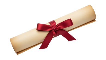 Isolated Diploma certificate scroll tied with a red ribbon on a diploma paper degree award