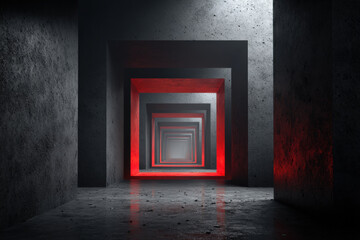 Dark digital corridor of layered blocks with red glow, secure blockchain transaction concept