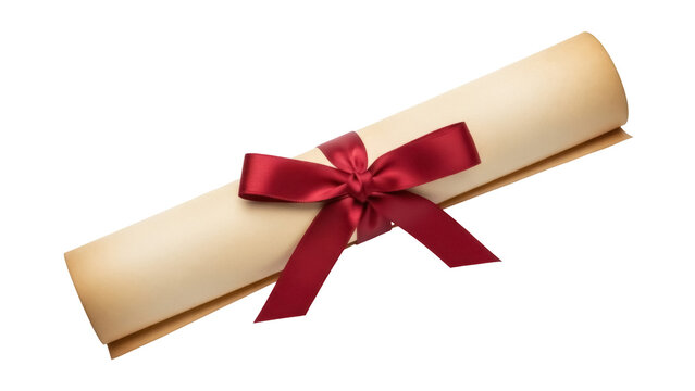 Isolated Diploma certificate scroll tied with a red ribbon on a diploma paper degree award
