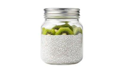 Isolated mason jar with chia seed pudding and kiwi fruit slices inside, healthy breakfast