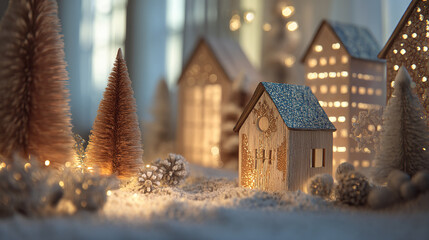 Minimalist wooden toy village scene with warm lights and snow for a cozy Christmas decor