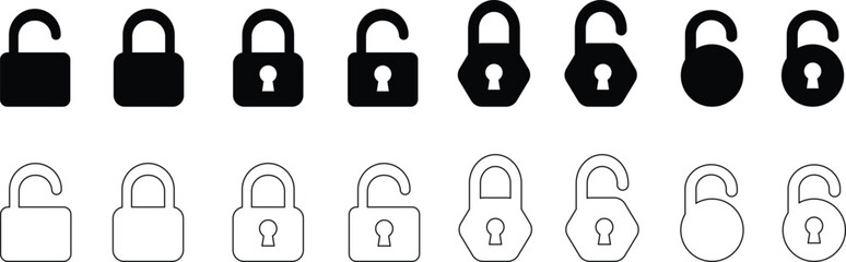 Set of black and white padlock icons representing security, access, and locked or unlocked status for digital or physical safety, providing access control © MD SAIDUL ISLAM
