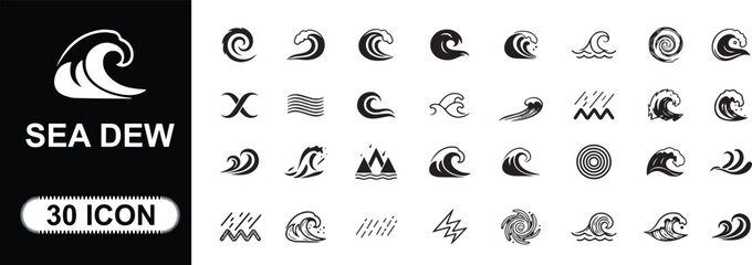 Vast collection of dynamic stylized ocean wave vector icons, showcasing flowing water and powerful sea currents, perfect for marine and aquatic themed graphic designs