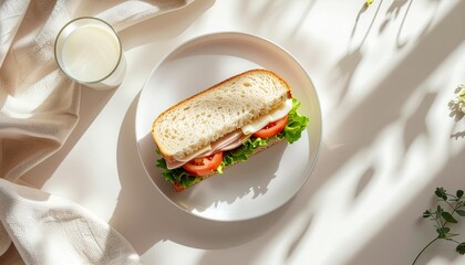 Healthy ham and vegetable sandwich on a white plate with a glass of milk and aesthetic shadows