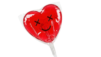 Isolated bright red heart-shaped candy lollipop with quirky character face in wrapper on stick