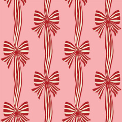 Red and pink coquette bows, hand drawn ribbons seamless pattern. Cute vertical striped repeat background, print, Christmas holiday wallpaper, textile design, wrapping paper, fashion, fabric.