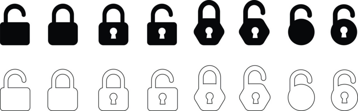 Set of black and white padlock icons representing security, access, and locked or unlocked status for digital or physical safety, providing access control