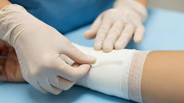 Close-Up of a Medical Professional's Hands in Sterile Gloves Dressing a Bandage on a Patient's Arm with a Wound, Showcasing Care and Precision in Healthcare