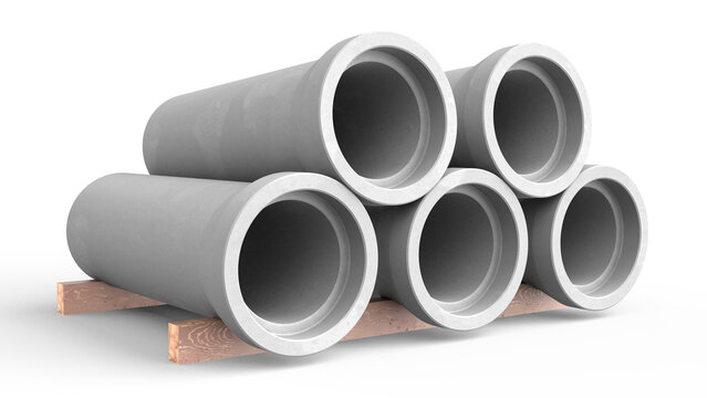 tack of Precast Concrete Pipes (Non-Pressure) on Wooden Supports &ndash; Isolated on White Background