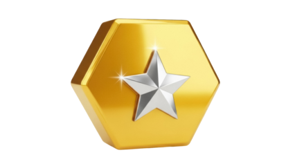 Isolated gold hexagon badge with silver star representing success or achievement