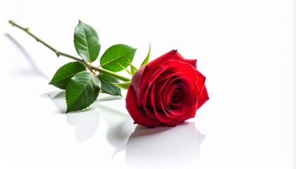 Red rose with green leaves on white background