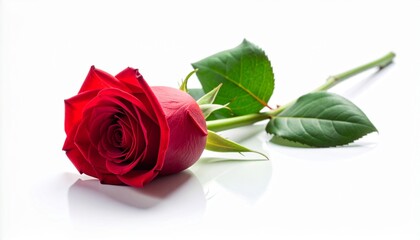 Red rose with green leaves on white background