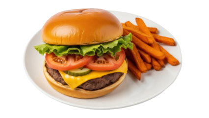 Isolated hamburger on plate with sweet potato fries, fast food restaurant meal, American cuisine