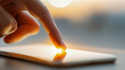 Finger gently touching the screen of a smartphone with a warm glowing sunlight reflection on a modern device resting on a wooden surface during golden hour