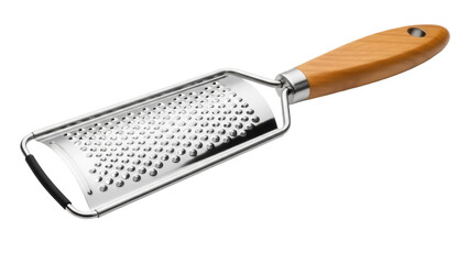 Isolated grater with wooden handle for grating hard cheeses and vegetables kitchenware item
