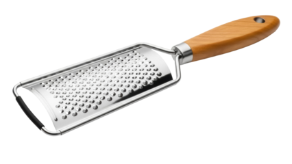 Isolated grater with wooden handle for grating hard cheeses and vegetables kitchenware item